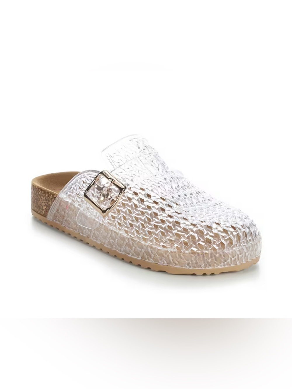 Sugar Clear Woven Jelly Mule with Gold Buckle
